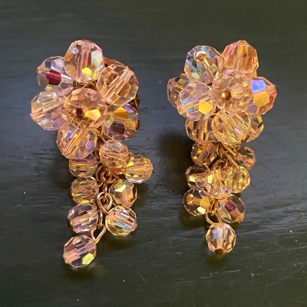 Vintage Aurora Borealis Earrings Crystal Flower and Cluster Dangle Clip On